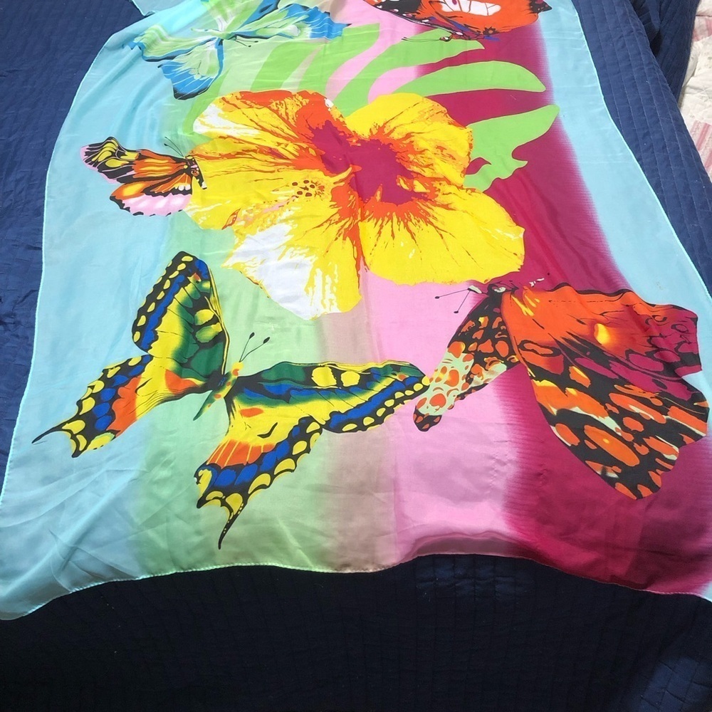 Vibrant Floral and Butterfly Scarf -100% rayon-60 by 40”- rarely worn